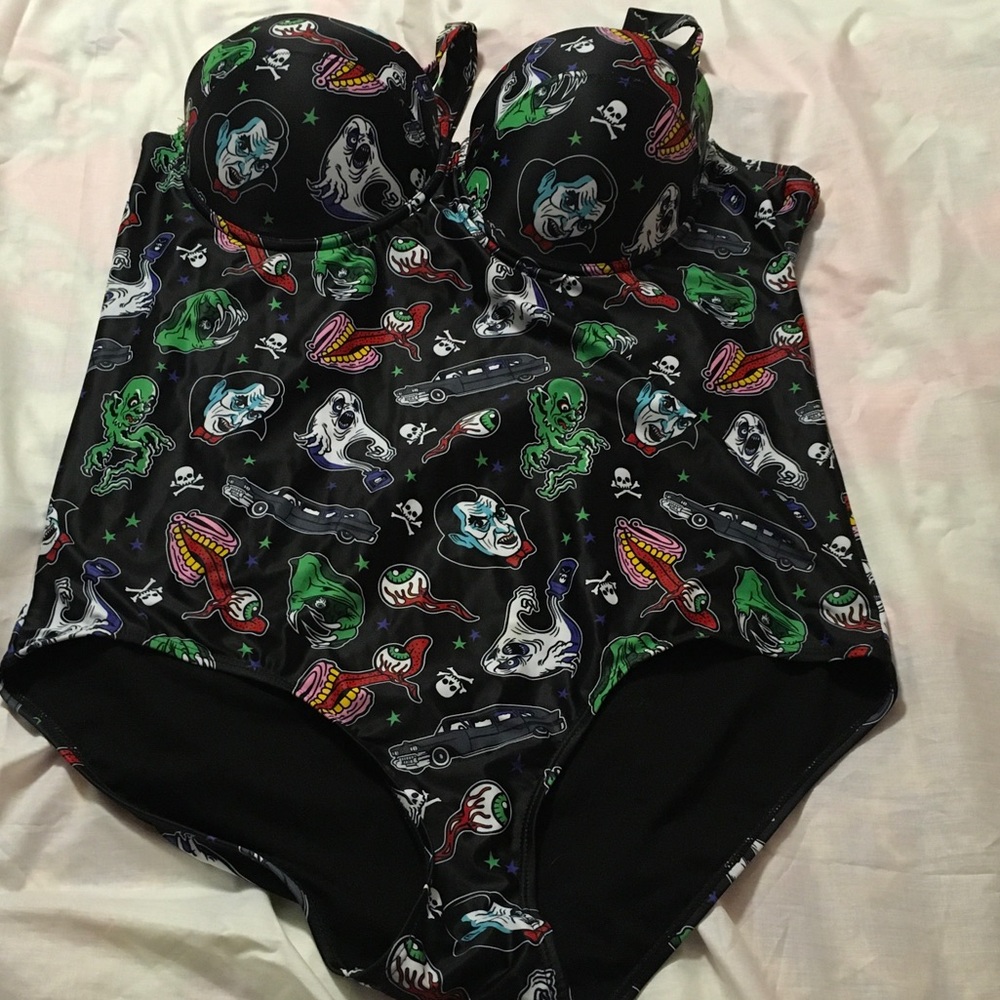 Sourpuss Goth Black Retro Horror Print One-Piece Swimsuit